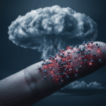 ナノ兵器の脅威を表す、赤く光るナノロボットの群れ