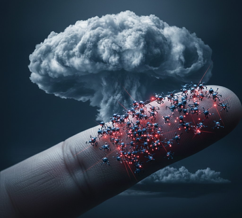 ナノ兵器の脅威を表す、赤く光るナノロボットの群れ