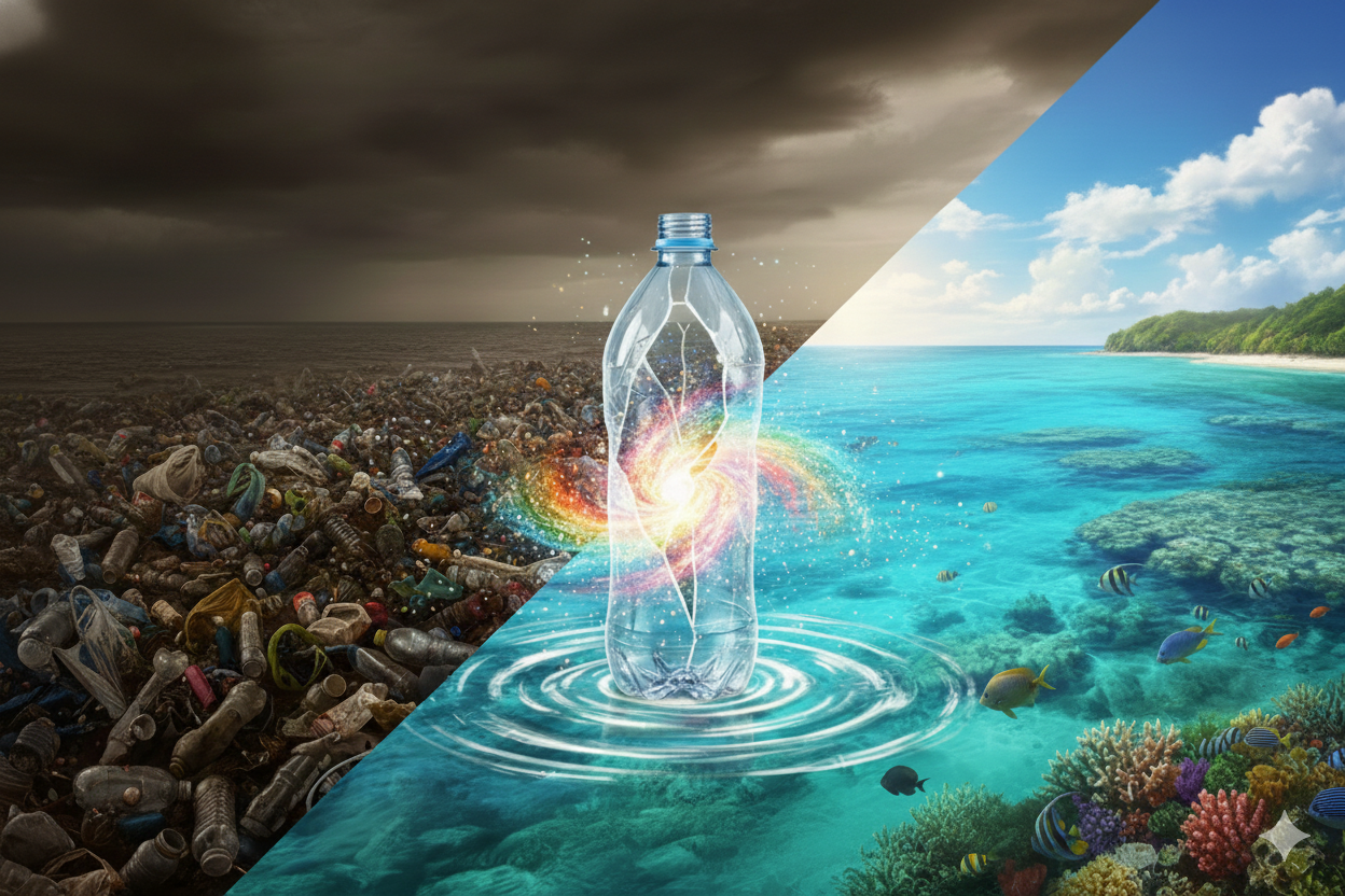 左側（暗）: 茶色く汚れた海と、マイクロプラスチックで濁った水のクローズアップ。 右側（明）: 太陽の光が差し込む、透明な青い海。 中央: 二つの世界を隔てるように、巨大なPETボトルの残骸があり、そのPETボトルから虹色の光（PET分解酵素）が放たれ、汚染された部分を浄化しているイメージ。